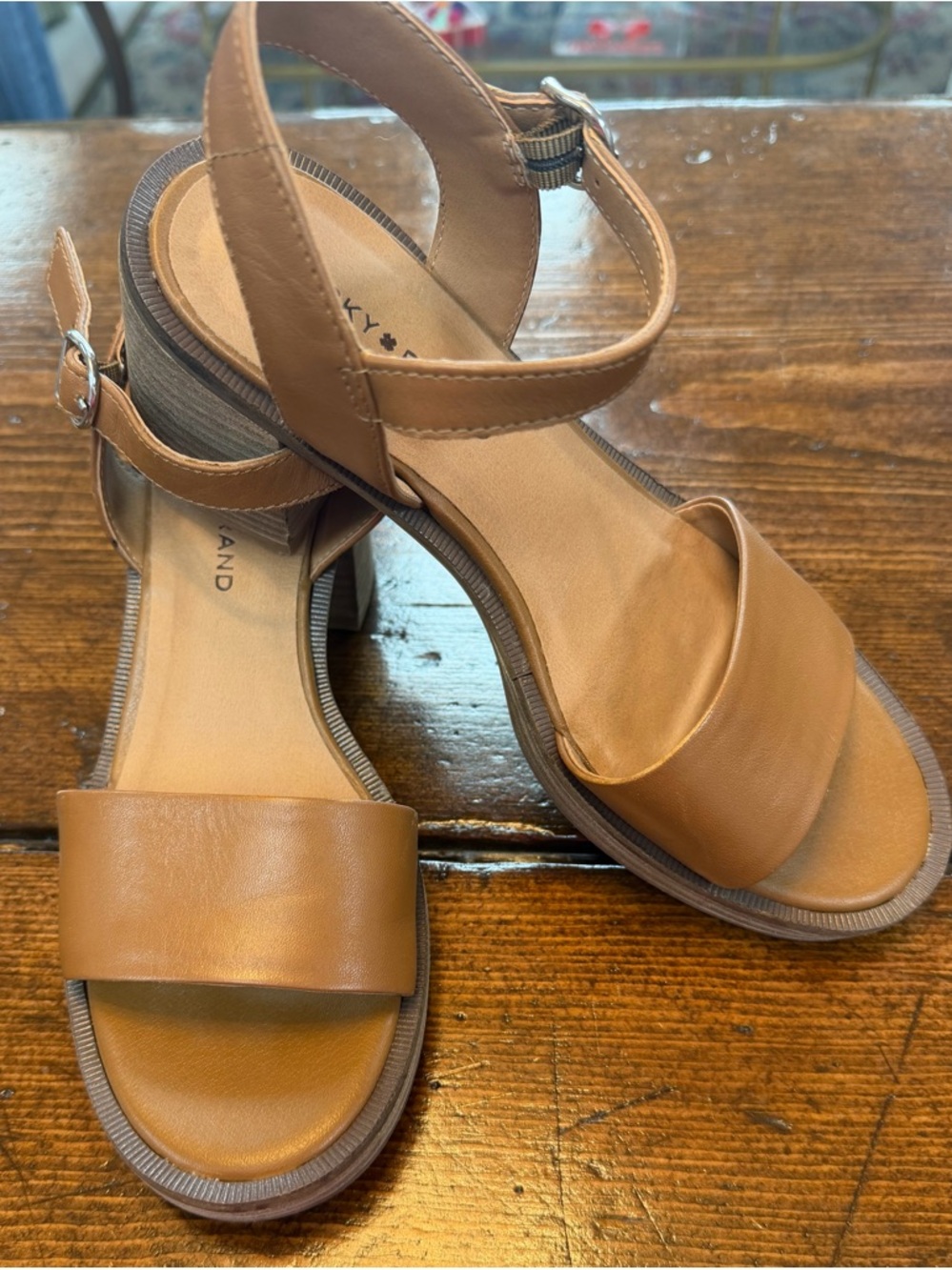 Lucky Brand Cognac Leather Block Heel Slingback Sandals - Picture 2 of 6